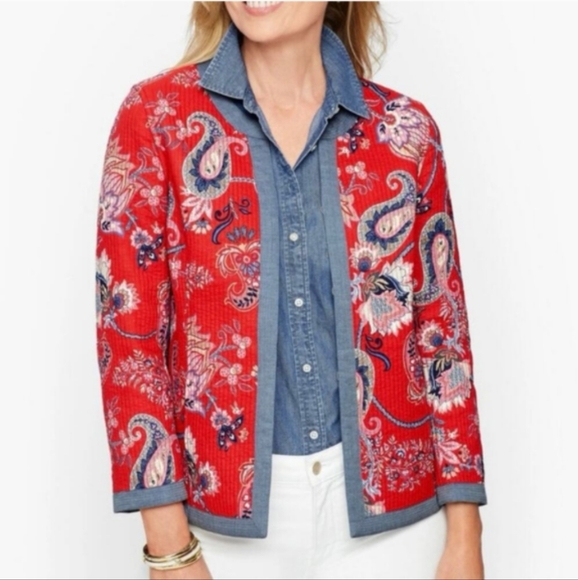 Talbots Red Paisley Floral Hook Closure Front Cardigan Jacket Women’s Medium - Picture 1 of 9